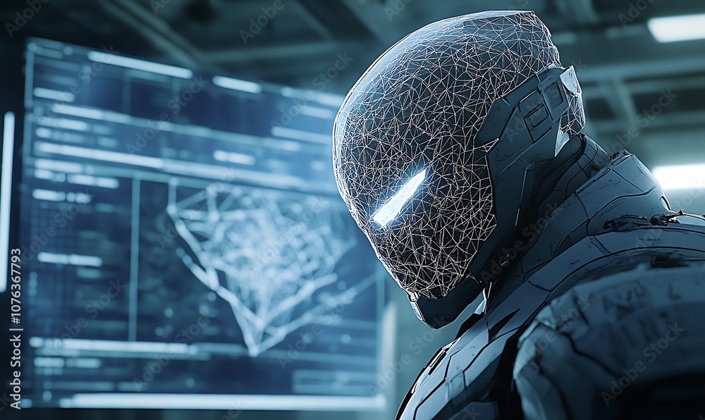 Aufkleber A futuristic robotic figure illuminated with digital particles, set against a high-tech background displaying complex data visuals.