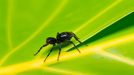 Naklejka premium Black Ant on a Yellow and Green Leaf