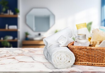 bathroom interior with cosmetics or product on desk