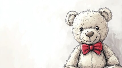 a 2D cartoon illustration of a teddy bear with a red bow tie, cute and cuddly, white background--ar 16:9