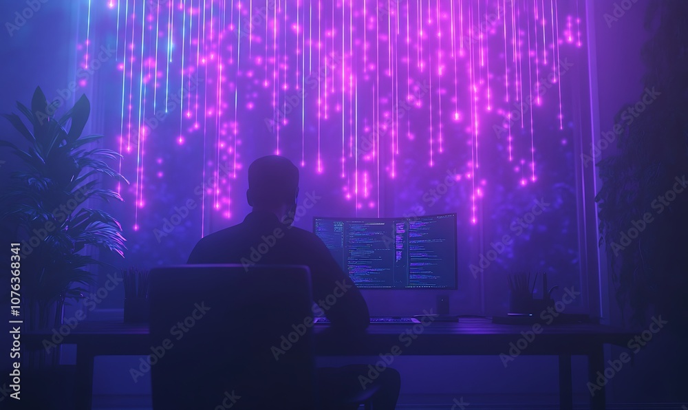 Aufkleber A silhouette of a person sits at a desk, illuminated by colorful, cascading lights and a computer displaying digital graphics in a dark, atmospheric environment.