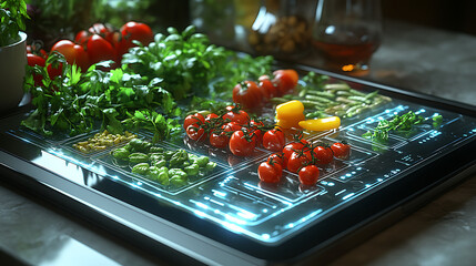 Fresh vegetables displayed on sleek digital interface, showcasing tomatoes, herbs, and peppers in modern kitchen setting. vibrant colors and innovative design create inviting atmosphere