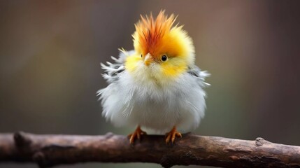 A small, fluffy bird with a vibrant orange crest perched on a branch.
