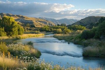 Obraz premium Serene River Winding Through Mountain Valley Landscape