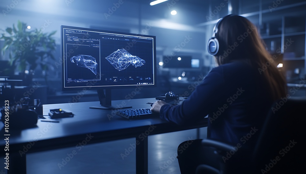 Poster a person with headphones analyzes data on dual monitors in a dark, tech-infused workspace.