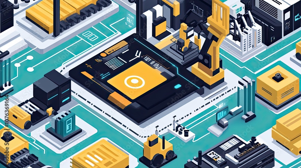 Poster an isometric illustration of a futuristic factory production line with robots and automated systems