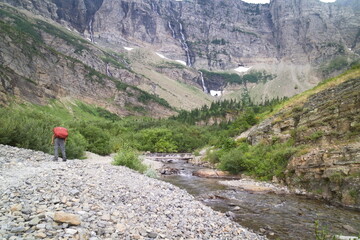 swiftcurrent pass trail from mant glacier hotel to the loop at Glacier national park, Montana, USA.