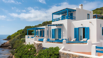Coastal villa with blue accents, surrounded by lush greenery, overlooking the ocean under a sunny sky. Perfect destination for a relaxing getaway by the sea.