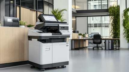 Modern office interior with a multifunctional printer, wooden reception desk, and plants creating a contemporary work environment ambiance.
