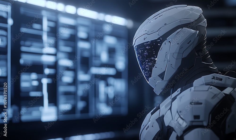 Aufkleber A futuristic humanoid robot stands in a dimly lit setting, with a focus on its intricate design and digital interface in the background.
