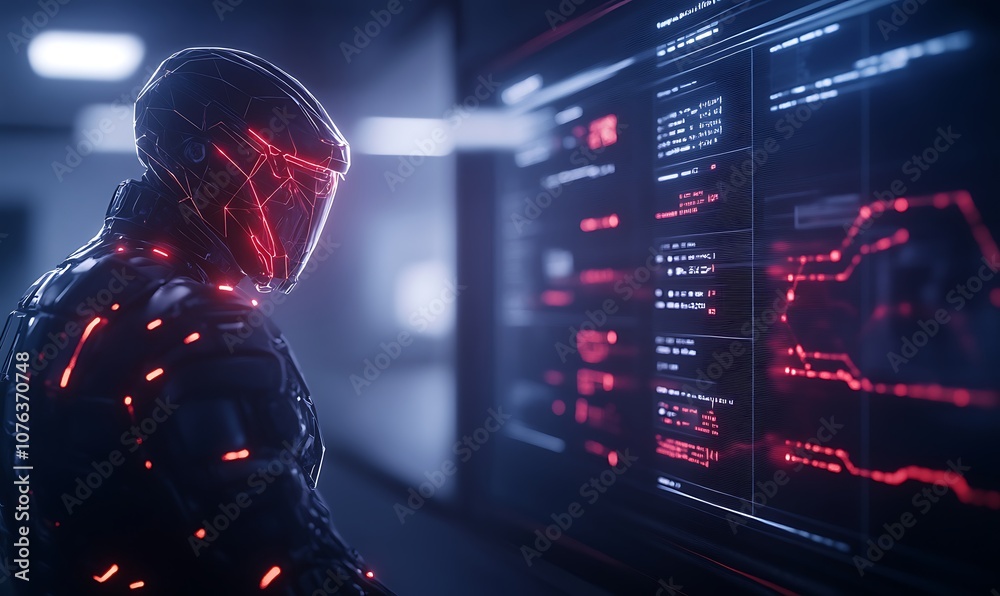 Aufkleber a futuristic humanoid figure with glowing red accents analyzes digital data on a screen in a dark, h