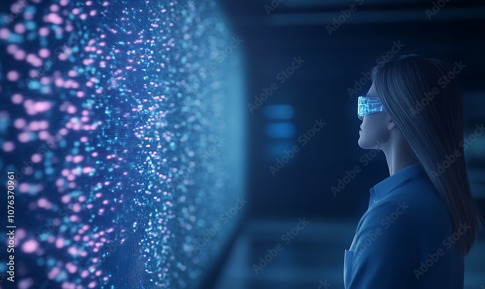 Poster a futuristic scene depicting a person in glasses observing a vibrant digital display, highlighting t
