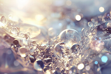 A close-up shot of shimmering bubbles in water, reflecting light and creating a dreamy atmosphere, emphasizing the delicate and intricate details of the bubbles amidst a soft background.