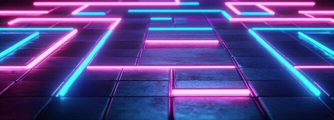 Abstract Neon Lights on a Checkered Tiled Floor