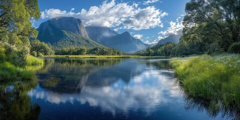 Fototapeta premium Serene River Winding Through Majestic Mountain Valley Under a Cloudy Sky