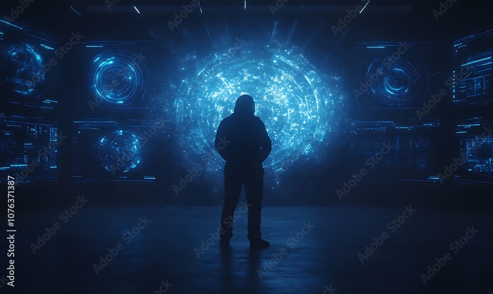 Aufkleber a silhouette stands against a backdrop of glowing blue digital displays, creating a futuristic atmos