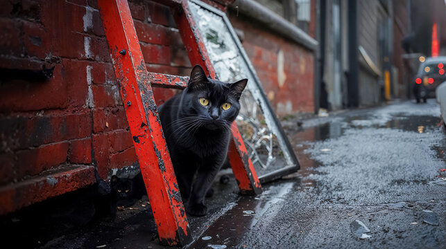 malchance et superstitions : un chat noir &agrave; c&ocirc;t&eacute; d'une &eacute;chelle et d'un miroir cass&eacute;	
