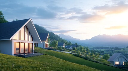 Obraz premium Modern Hillside Homes Overlook Scenic Valley During Tranquil Sunset Landscape
