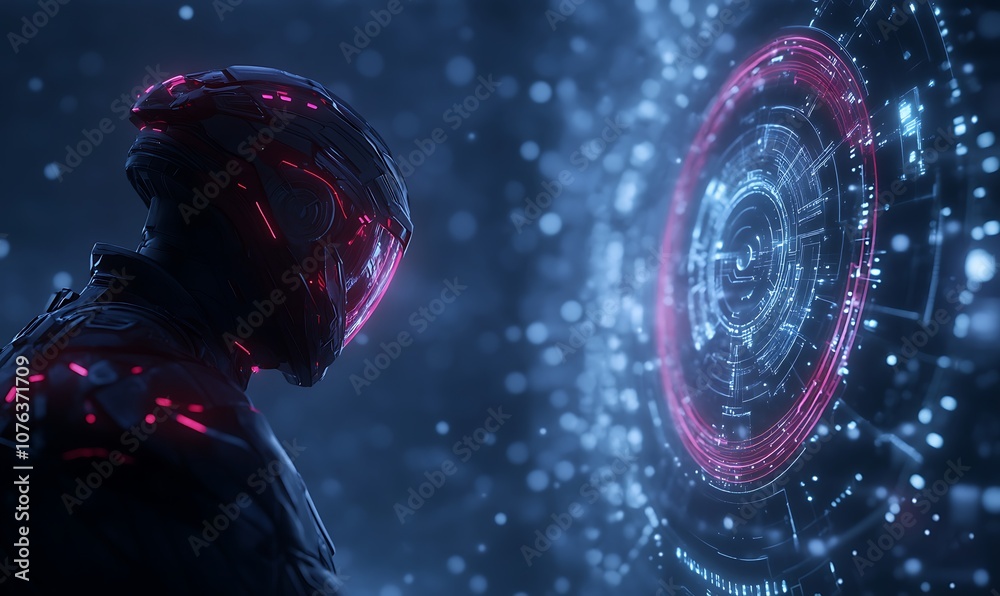 Poster A futuristic figure with glowing patterns interacts with a holographic interface in a dark, tech-inspired environment filled with bright lights.
