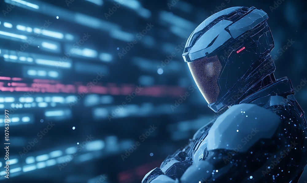 Poster a futuristic humanoid robot stands against a backdrop of glowing digital elements, showcasing advanc