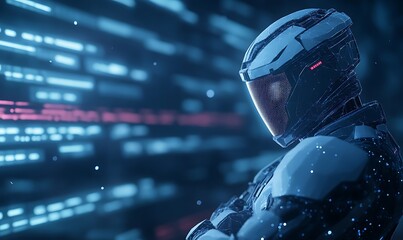 A futuristic humanoid robot stands against a backdrop of glowing digital elements, showcasing advanced technology and cybernetic design.