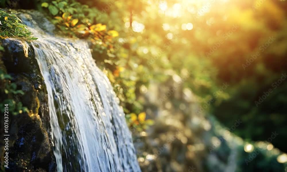 Poster lush green garden waterfall cascading down rocks at sunset in tranquil setting : generative ai