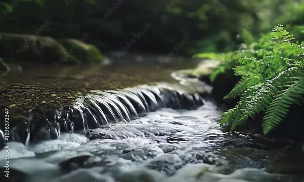 Poster tranquil forest stream with delicate waterfall and lush green ferns : generative ai
