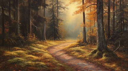 Obraz premium Sunlit Path Winding Through Autumn Forest, Orange Leaves Glowing