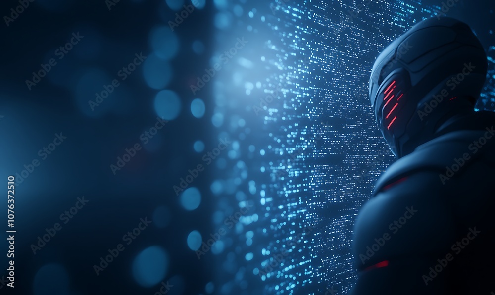 Aufkleber an enigmatic figure in a futuristic suit observes a digital interface filled with glowing particles,