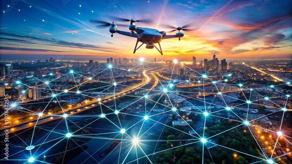 Poster aerial view of digital security operations: drone photography capturing ai scanning networks for vul