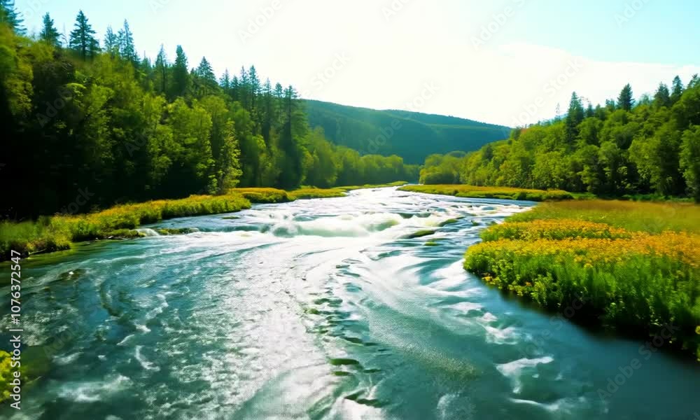 Poster serene river flowing through lush green forest in tranquil countryside setting : generative ai