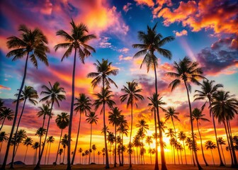Obraz premium Aerial View of Diverse Palm Tree Silhouettes Against a Sunset Sky, Showcasing Unique Shapes and Designs for Tropical Landscapes and Nature Enthusiasts