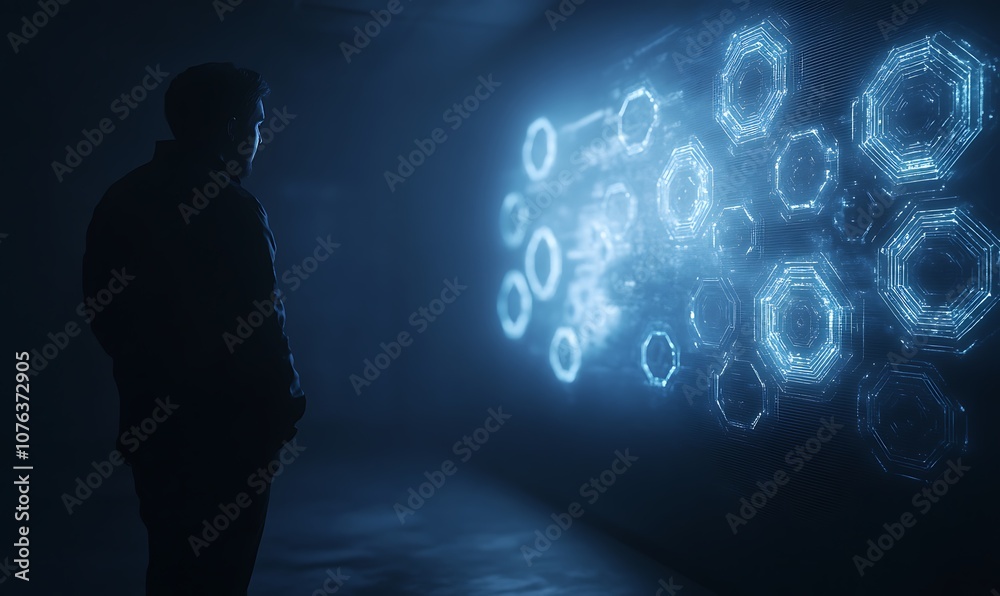 Poster A person observes glowing digital patterns on a wall, creating a futuristic and immersive technological atmosphere.