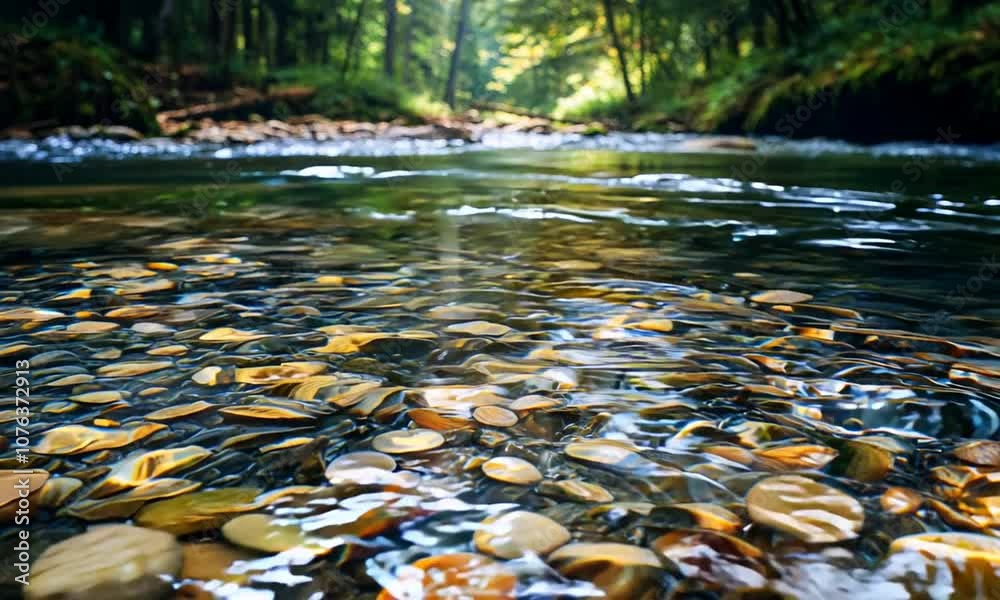 Aufkleber clear forest stream with pebbles and lush greenery in nature : generative ai