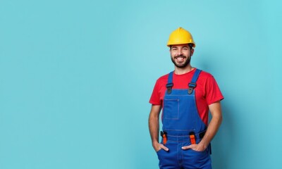 Man in construction-themed clothes, including yellow hard hat and blue jumpsuit, on blue background