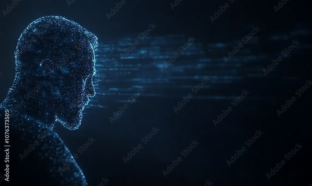 Poster a digital silhouette of a human head emerges from dark space, composed of glowing blue particles, su