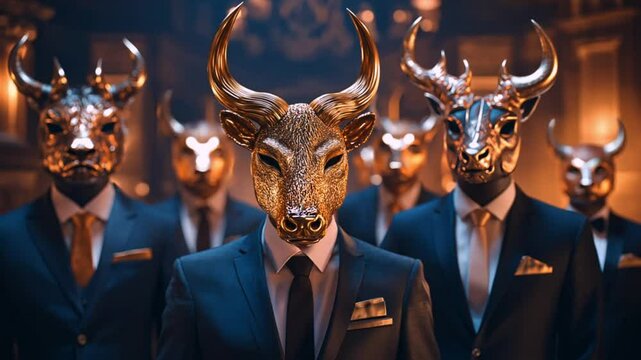 golden bull mask in focus with others in elegant attire, mysterious elite gathering