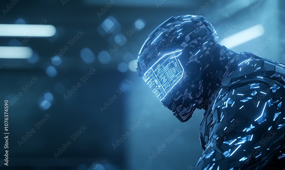 Poster a futuristic humanoid figure with a glowing, digital helmet, surrounded by a shimmering, particle-li