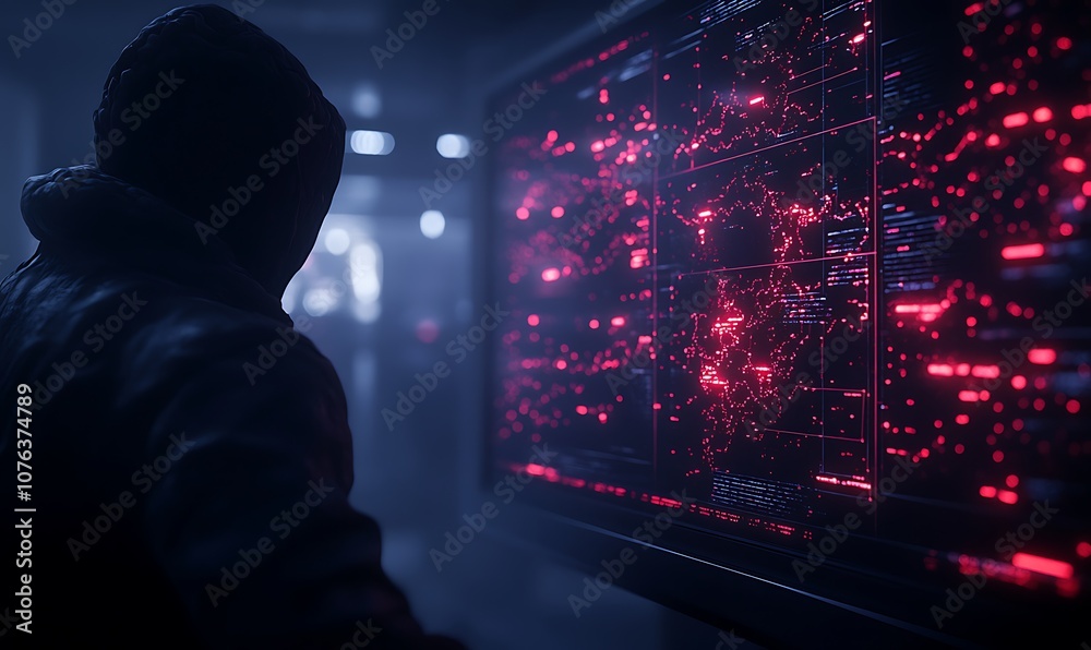 Poster A hooded figure observes glowing red data on a screen in a dark, futuristic environment, suggesting themes of hacking or advanced technology.