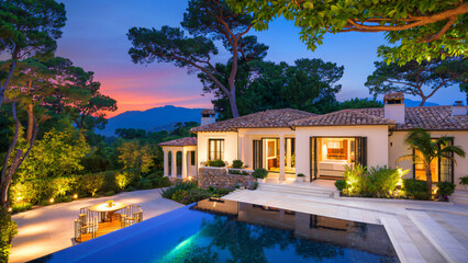 Fototapeta premium Photograph of a luxurious villa with a pool surrounded by lush greenery, showcasing a beautiful sunset in the background, creating an inviting and serene atmosphere for real estate.