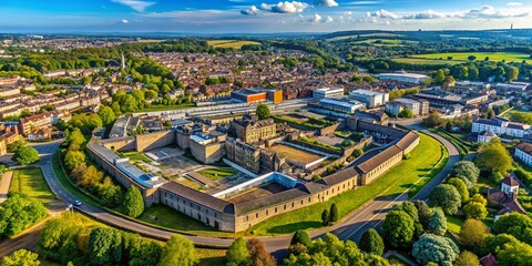 Obraz premium Aerial View of Maidstone Prison in Kent, UK - Captivating Drone Photography Showcasing the Town Centre and Surroundings with a Unique Perspective