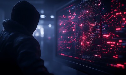 A hooded figure observes glowing red data on a screen in a dark, futuristic environment, suggesting themes of hacking or advanced technology.