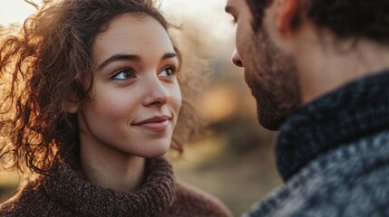 Obraz premium Close-up of two individuals sharing a meaningful gaze, capturing mutual respect, connection, and empathy in a serene setting, with soft focus on their expressions highlighting the depth of their bond