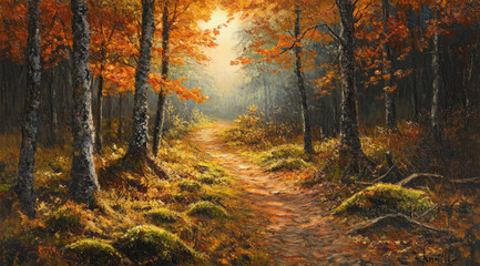 Fototapeta premium Sunlit Path Winding Through Autumn Forest, Orange Foliage All Around