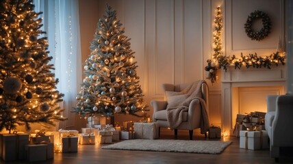 Fototapeta premium christmas scene by the fireplace with bokeh