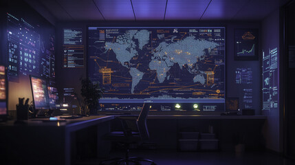 high tech office featuring large screen display with global data