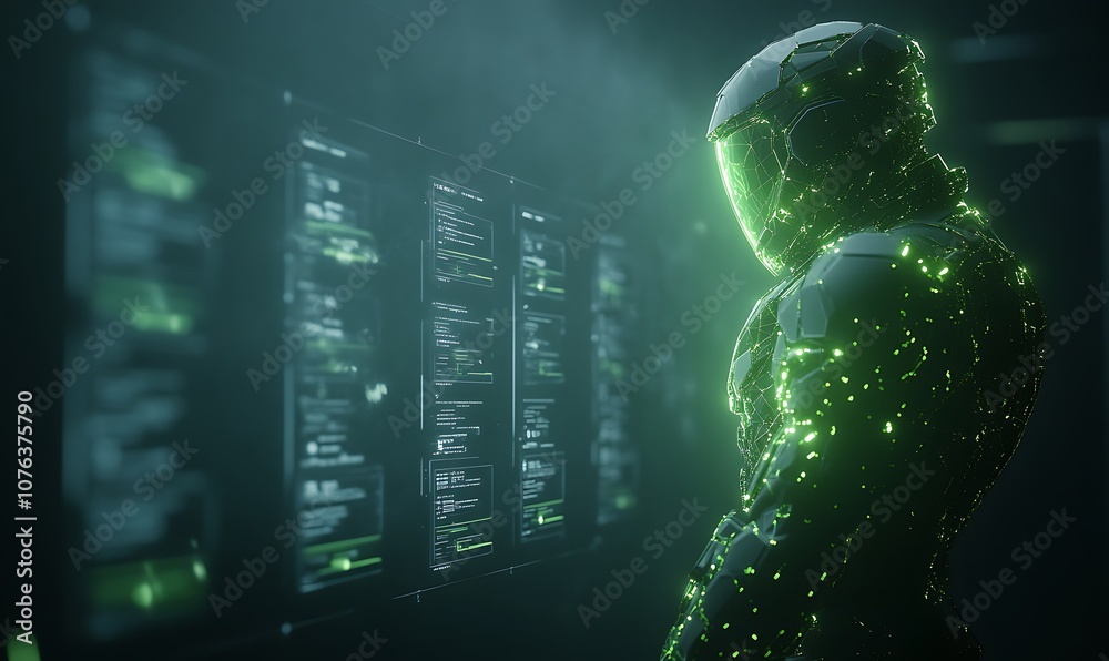 Poster a futuristic humanoid figure emits a green glow, surrounded by digital screens displaying data in a 