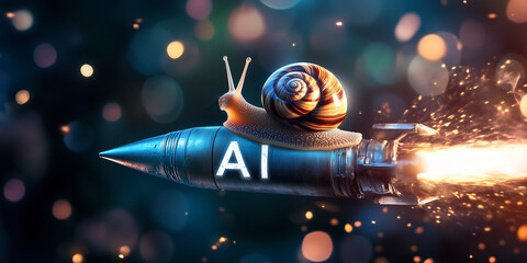Lumaca che cavalca un razzo con la scritta AI che viaggia a forte velocità. Concetto che l'intelligenza artificiale può velocizzare le attività lente.