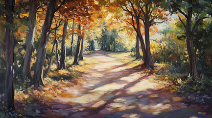 Obraz premium Enchanted Autumn Trail with Warm Sunlight Streaming Through