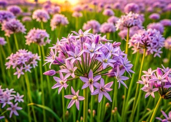 Obraz premium Aerial View of Society Garlic Flower (Tulbaghia violacea) Blooms in a Lush Green Landscape, Showcasing Their Unique Purple Petals Against the Vibrant Background of Nature's Palette